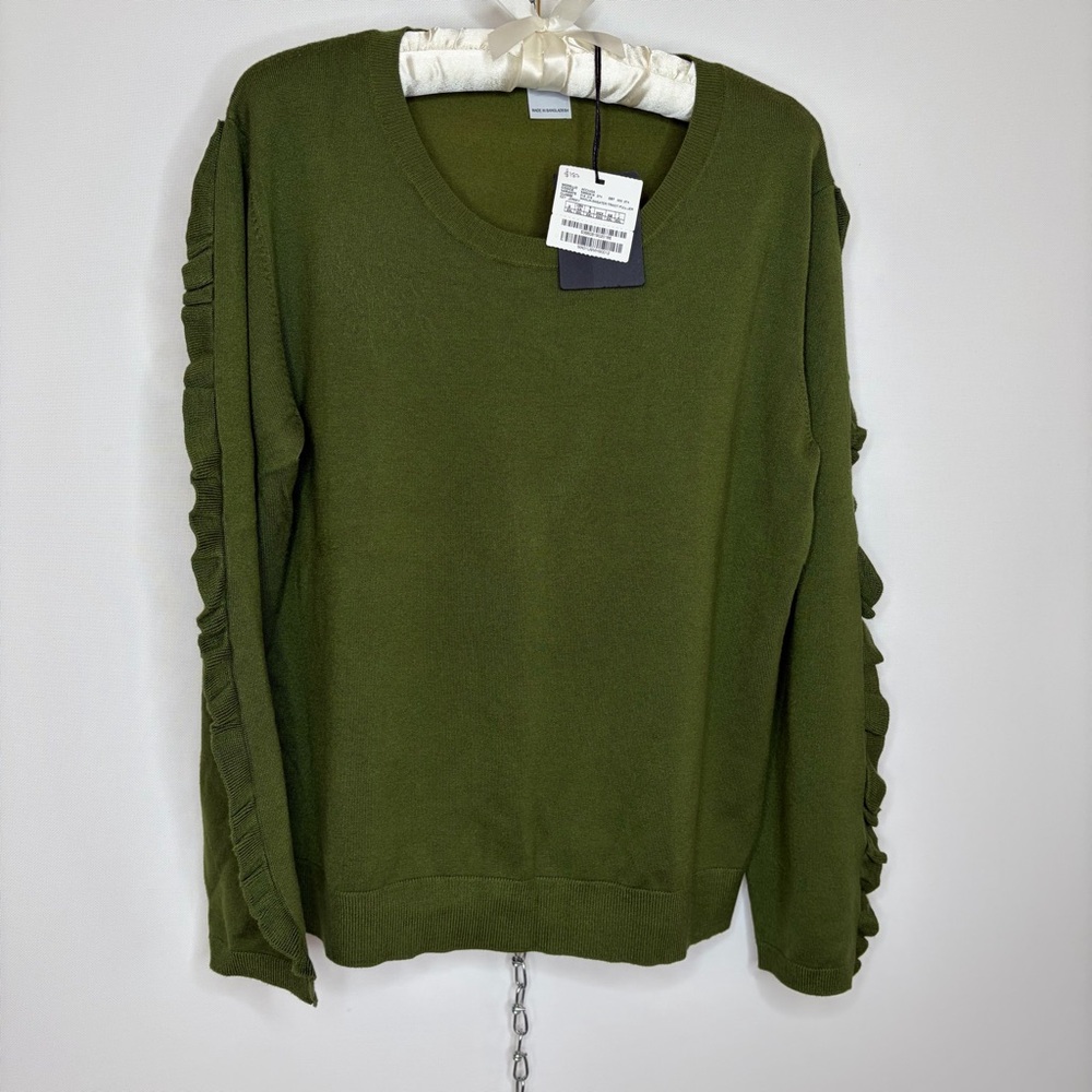 MARELLA Olive Green Crew Neck Sweater with Ruffle Sleeve Detail